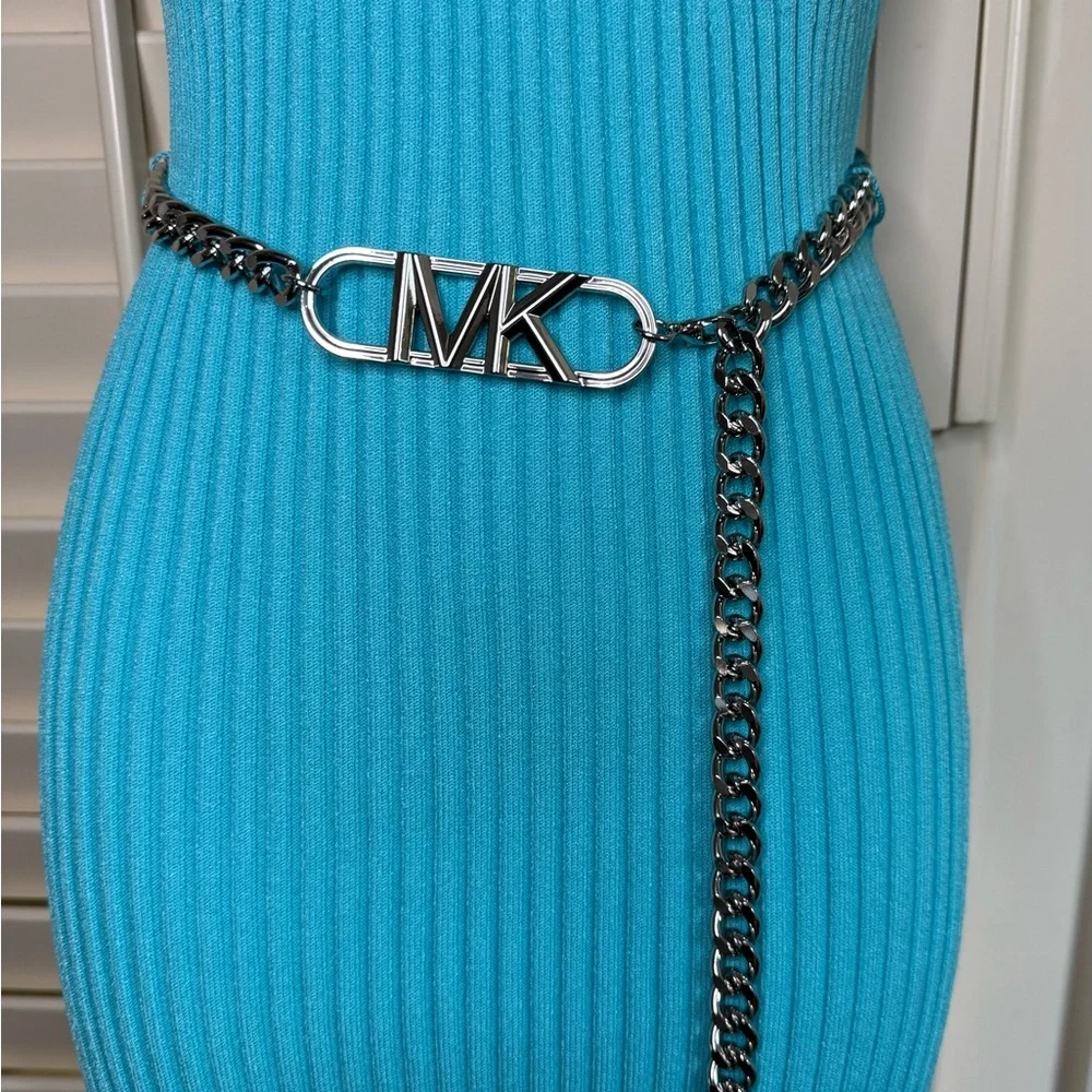 Michael Kors Ribbed Stretch Knit Midi Dress – Turquoise (With MK Chain Belt) - Picture 5 of 8